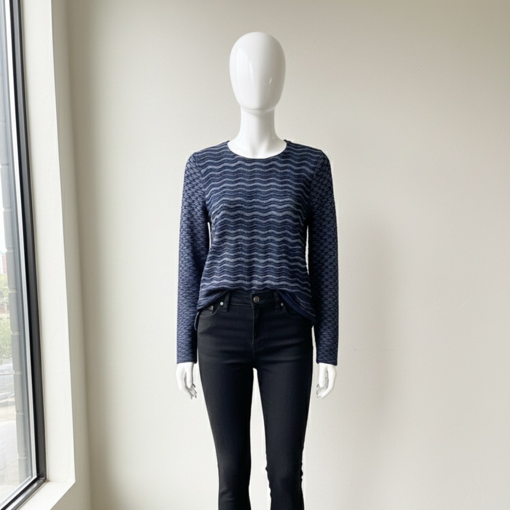 TORY BURCH Navy Copper Metallic Long Sleeve Peplum Long Sleeve Sweater Large